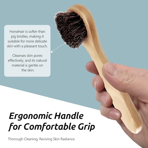 2-Pack Wood Handle Facial Cleansing Brush with Soft Horsehair Natural Bristles, Gentle Exfoliating Scrub Brush for Face and Skin Care