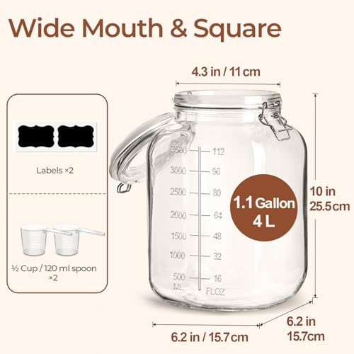 ComSaf Large Square Glass Food Jars 1.1 Gallon 2 Pack for Flour Sugar Rice - size: 1.1 Gal*2-Wide Mouth