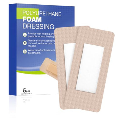 Silicone Foam Dressing Wound Dressing Bandage with Adhesive Border 5Pack Super Absorbent Bed Sore Patches Waterproof Silicone Foam Pads for Wound Care Pressure Ulcers