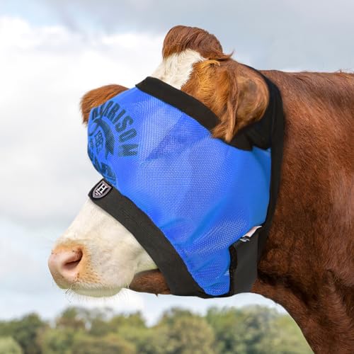 Harrison Howard Cattle Livestock Fly Mask Breathable Mesh Padded Edging with Fun Patterns Large Spacing Forelock Opening Design Adjustable Fit for Cattle Sky Blue - color: Sky Blue