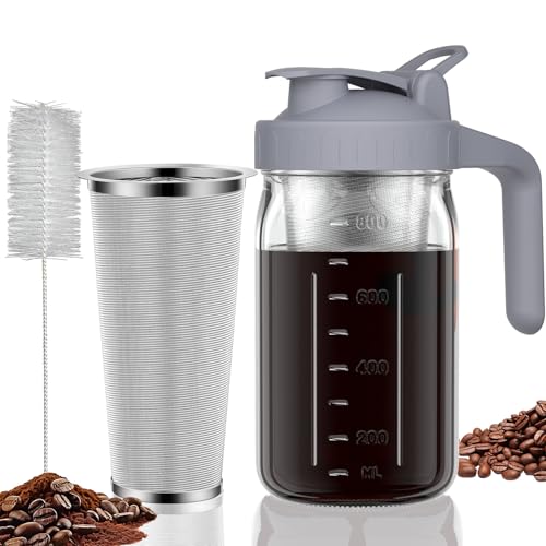 JunVpic Cold Brew Coffee Maker, 32 oz Glass Mason Jar Pitcher | 100μm stainless steel filter, wide mouth design, leak-proof lid with handle, pour spout for iced coffee, tea and cold drinks - color: Gray, size: 32 Ounces