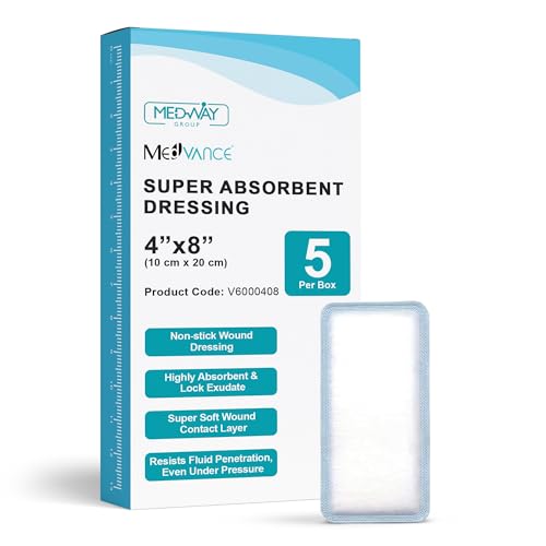 MedVance Super Absorbent Wound Dressing, Non-Adhesive Pads, 4"x8", Box of 5 | Sterile And Individually Wrapped - Non-Stick Wound Bandages - Super Soft - Highly Absorbent & Lock Exudate - Leakproof - size: 4"x8", style: 5 Pack