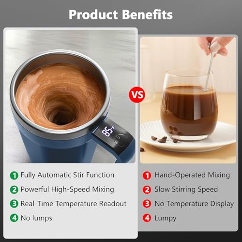 Self Stirring Coffee Mug with Temperature Display, 18 oz Rechargeable Self Stirring Mug with Lid, Automatic Self Stirring Cup, Coffee Mug with Stainless Steel for Coffee, Milk, Beverages, Blue - color: Blue