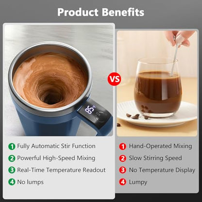 Self Stirring Coffee Mug with Temperature Display, 18 oz Rechargeable Self Stirring Mug with Lid, Automatic Self Stirring Cup, Coffee Mug with Stainless Steel for Coffee, Milk, Beverages, Blue - color: Blue