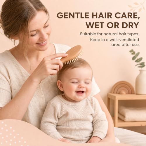 4 Piece Baby Hair Brush and Comb Set for Newborns, Wooden Baby Brush with Soft Natural Goat Bristle, Infant Hair Care Kit Helps Prevent Cradle Cap, Grooming Essentials Gift for Boys and Girls