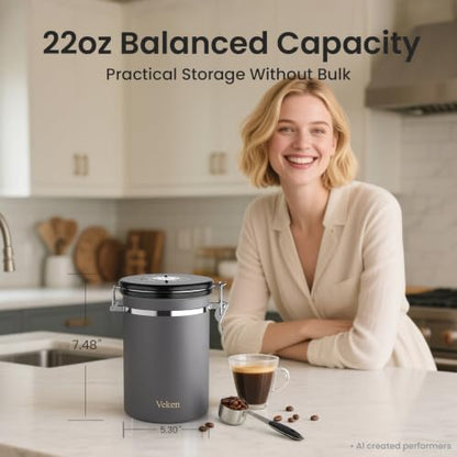 Veken Coffee Canister, Airtight Stainless Steel Food Storage Container,22OZ - color: Gray, size: 22 oz
