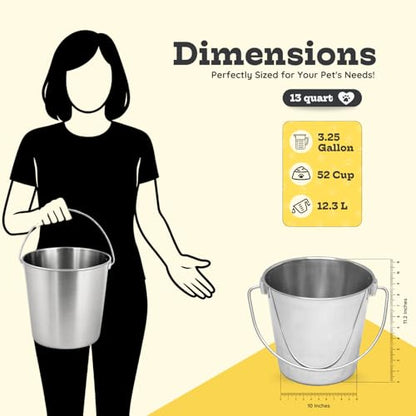 13 quart Heavy Duty Stainless Steel Round Bucket with Handle | 3.25 gal Sturdy Food & Water for XXL Dogs Goats sheep Horse & Livestock | Fits kennel Crate Cage Farm | Hanging Utility Pail - size: 13 Quarts