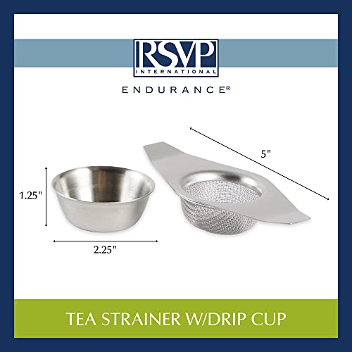 RSVP International Tea Strainer Collection, Strainer & Drip Cup - size: 5" Width, Includes Drip Cup