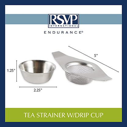 RSVP International Tea Strainer Collection, Strainer & Drip Cup - size: 5" Width, Includes Drip Cup