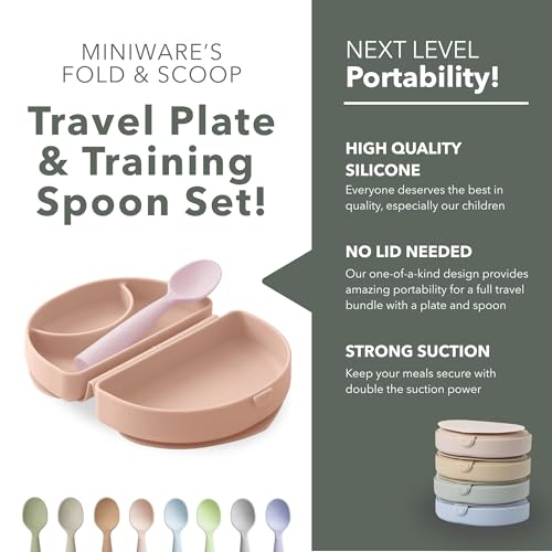 Miniware Fold & Scoop Baby Feeding Set - Silicone Travel Baby Plate With Suction & Baby Spoon - Compact, Portable, Dishwasher-Safe, Suction Base for Mess-Free Eating (Pink Salt and Cotton Candy) - color: Pinksalt & Cotton Candy