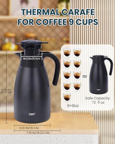 GiNT 2.2L / 74Oz Thermal Coffee Carafe, Insulated Stainless Steel Coffee Carafes for Keeping Hot/Double Walled Vacuum Thermal Carafe (Black) - color: Black, size: 74.4 Ounces