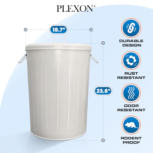 Plexon 20 Gallon Metal Trash Can with Lid Outdoor Large Trash Bin Steel Garbage Can for Garage Patio Farmhouse Bucket Bird Seed Storage Can Heavy Duty Round Container, Off-White - color: Off-White