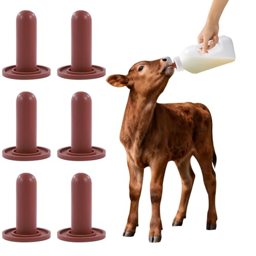 6-Pack Red Silicone Calf Nipple, Cattle & Cow Feeding Teat, Livestock Nursing Accessory Premium Replacement for Newborn Calves, Foals & Animals, Durable & Bite-Resistant（Bottle not Included）
