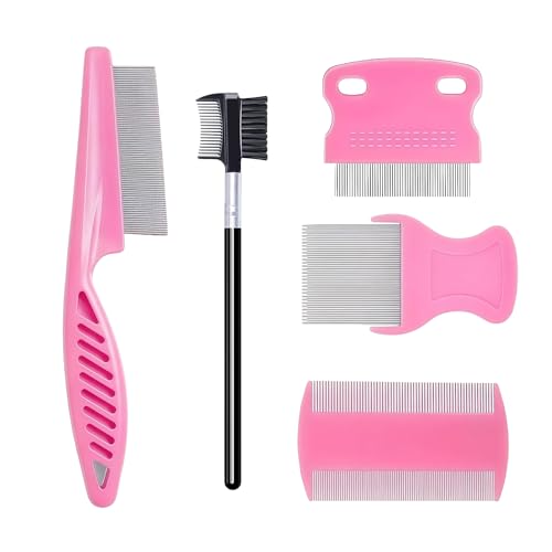 MEDUWEDU 5 Pack Flea & Lice Comb Set for Cats, Dogs & Kids – Stainless Steel Fine Tooth Nit Comb Kit with Double-Sided Tear Stain Remover, Grooming Brush & Peine para Piojos for Thick Hair (Pink) - color: Pink