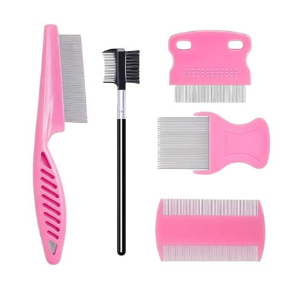 MEDUWEDU 5 Pack Flea & Lice Comb Set for Cats, Dogs & Kids – Stainless Steel Fine Tooth Nit Comb Kit with Double-Sided Tear Stain Remover, Grooming Brush & Peine para Piojos for Thick Hair (Pink) - color: Pink