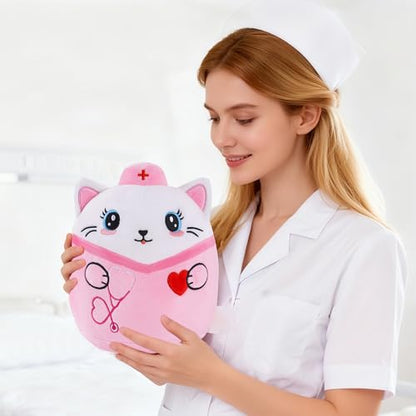 Nurse Cat Stuffed Animal, 8-Inch Pink Cat Plush Toy with Stethoscope Embroidery, Cute Cat Plushie Pillow Gifts for Nurses Women, Nursing Student Graduation and Appreciation Week Gift - style: Nurse Cat
