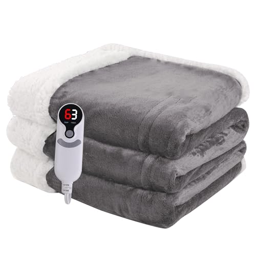 Heated Blanket Electric Throw Size 50''x60'' with 9 Heating Levels, 1-10 Hour Auto Shut Off, Machine Washable, Flannel & Sherpa Double-Sided Soft Warming Blanket for Couch, Bed, Office - Light Grey - color: 01-light Grey, size: 50''x60''(Throw)