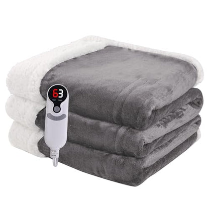 Heated Blanket Electric Throw Size 50''x60'' with 9 Heating Levels, 1-10 Hour Auto Shut Off, Machine Washable, Flannel & Sherpa Double-Sided Soft Warming Blanket for Couch, Bed, Office - Light Grey - color: 01-light Grey, size: 50''x60''(Throw)