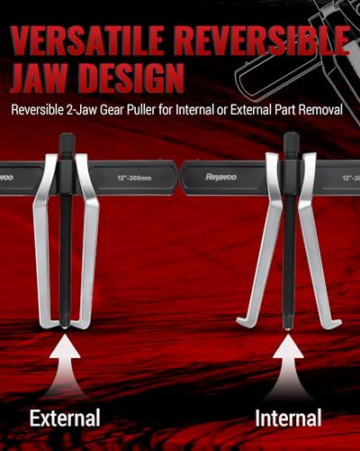 Reywoo 12" 2-Jaw Gear Puller for External (11.6" Max) & Internal (13.2" Max) Pulling, Heavy-Duty Bearing, Flywheel, Pulley and Gear Remover Tool, Adjustable CR-V Steel - size: Max External 11.6"