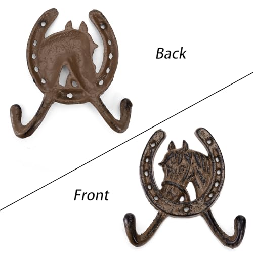 Peohud 6 Pack Cast Iron Coat Hooks, Rustic Double Wall Hooks, Horse Head Horseshoe Hook, Wall Mounted Farmhouse Coat Hangers for Towels, Hats, Keys, Bags, Caps