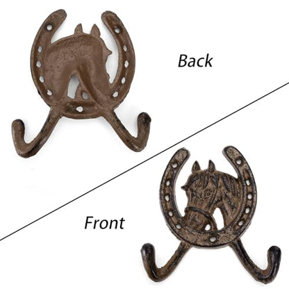Peohud 6 Pack Cast Iron Coat Hooks, Rustic Double Wall Hooks, Horse Head Horseshoe Hook, Wall Mounted Farmhouse Coat Hangers for Towels, Hats, Keys, Bags, Caps