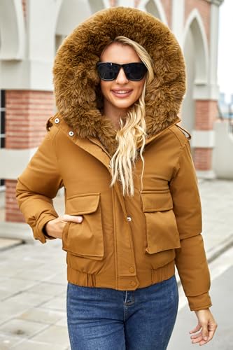 Winter Coats for Women Thickened Puffer Jacket with Detachable Fur Hood Winter Warm Parka Puffer Coat - color: Coffee, size: Small