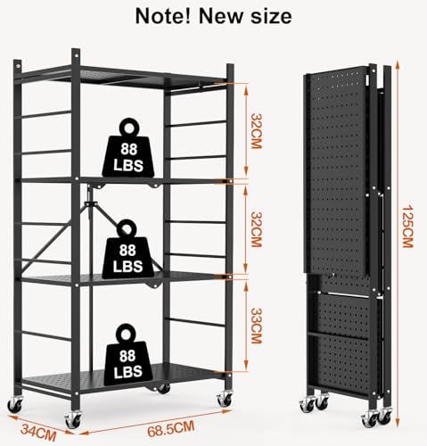 Himix 4-Tier Foldable Storage Shelf with Wheels 20 Hooks Black No Assembly - color: Black, size: 4-Tier