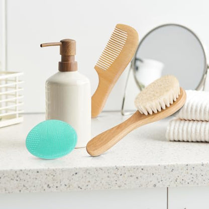 Baby Hair Brush with Wooden Handle and Comb Set for Newborns & Toddlers | Natural Soft Goat Bristles l Wood Comb l Green Cradle Cap Brush | Ideal for Cradle Cap (3 Piece) - color: Green Silicone Brush (3pcs)