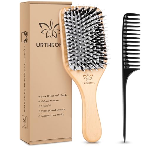 URTHEONE Hair Brush,Boar Bristle Hair Brushes and Styling Comb Set for Women Men Kids, Best Natural Wooden Paddle Hairbrush for Wet or Dry Hair Detangling Smoothing Massaging - color: White