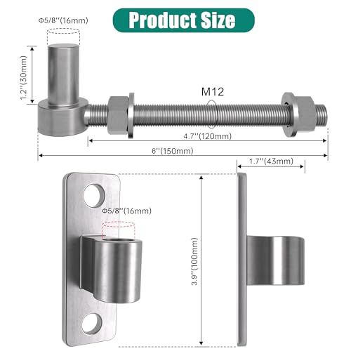 Heavy Duty J Bolt Gate Hinge, 304 Stainless Steel Gate Hinge, One-piece Heavy Duty 5/8" Pin, 4-Pack Wall-Mounted for Farm Gates, Wooden Fences, Load-Bearing up to 600 lbs