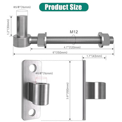 Heavy Duty J Bolt Gate Hinge, 304 Stainless Steel Gate Hinge, One-piece Heavy Duty 5/8" Pin, 4-Pack Wall-Mounted for Farm Gates, Wooden Fences, Load-Bearing up to 600 lbs