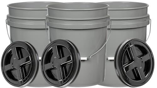 House Naturals 5 Gallon Grey Food Grade Bucket with Black Screw on Lid, BPA Free Container (Pack of 3) Made in USA