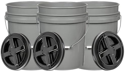 House Naturals 5 Gallon Grey Food Grade Bucket with Black Screw on Lid, BPA Free Container (Pack of 3) Made in USA