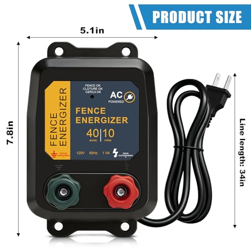 10 Mile Electric Fence Charger, Powerful 110V AC Plug-in 0.16J Output Electric Fence, Portable Solar Fence E-nergizer for Livestock & Garden Protection, for Raccoons, Badgers, Foxes, Rabbits
