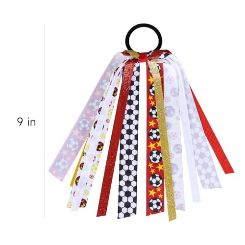 Soccer Ponytail Streamer Cheer Ribbons Hair Elastics Ties Glitter Red Yellow Sports Bow Pony Holder for Girls Women Cheerleaders, Soccer Moms, Players Game Day Accessory Birthday Gift - color: Soccer-S