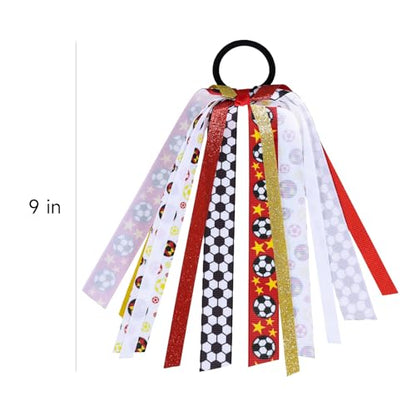 Soccer Ponytail Streamer Cheer Ribbons Hair Elastics Ties Glitter Red Yellow Sports Bow Pony Holder for Girls Women Cheerleaders, Soccer Moms, Players Game Day Accessory Birthday Gift - color: Soccer-S