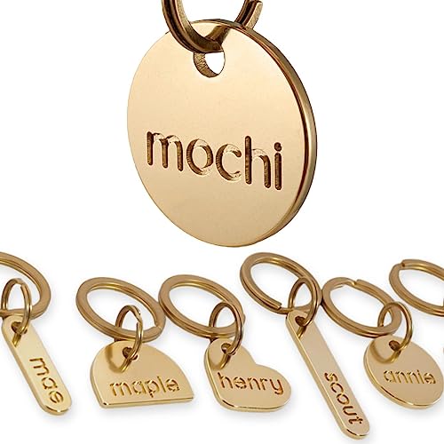 Solid Brass PET TAG - Modern, Minimal Pet IDs. Durable, Lifetime Tags with deep Cut Text. Includes Space for Two Phone Numbers. (Circle) - style: Circle
