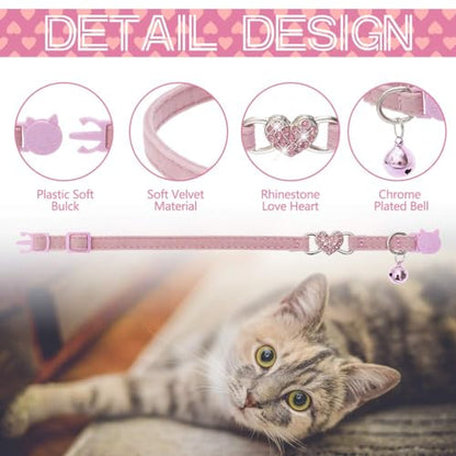 BINGPET Cat Collar Breakaway with Bell, Bling Kitten Collar,Pink&Purple - color: Heart (Pink + Purple)-2pcs