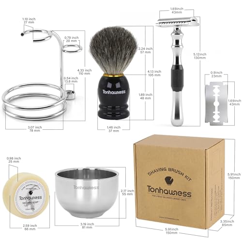 5 In 1 Manual Shaving Kit For Men Includes Badger Hair Shaving Brushes Set, Double Edge Safety Razor, Stainless Steel Shaving Bowl&Stand and Goat Milk Shaving Soap - color: Black Handle