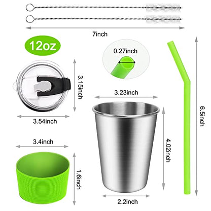 ShineMe Kids Cups with Straws and Lids, 12oz Kids Metal Drinking Glasses with Spill Proof Lids & Silicone Straws, Stainless Steel Reusable Water Tumblers for Children and Adults (5pack) - color: green,purple,blue,orange,red