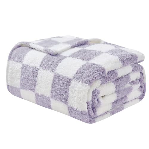EMME Checkered Blanket Twin Size - 60"x80" Lavender Knit Blanket Soft Fluffy Patterned Throw Blankets for Couch, Sofa, Chair, Bed, Camping, Picnic, Travel - color: 24-checkered Lavender, size: Twin
