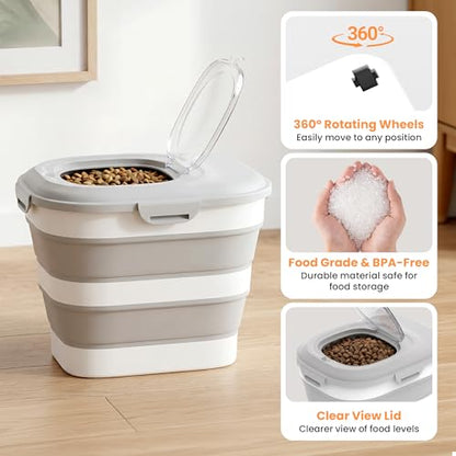 28 Lbs Dog Food Storage Container, Collapsible Cat Food Container | Airtight Pet Food Storage Containers with Wheels, Clear Window, Measuring Cup and Scoop, BPA Free for Rice, Flour, Bird Seed - color: Grey/28lbs