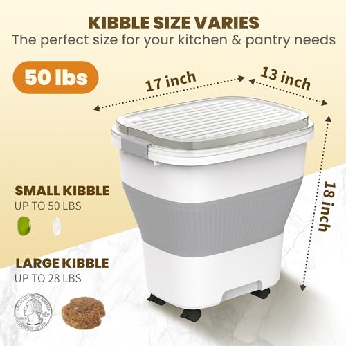 HOYTAMDAR 50Lbs Collapsible Rice Container,Airtight Food Storage container | Rice Storage Container with Clear Lid,Rolling Wheels,Small Bin & Measuring Scoop,Rice Dispenser for Pet Food Rice Flour - color: Grey 50lbs