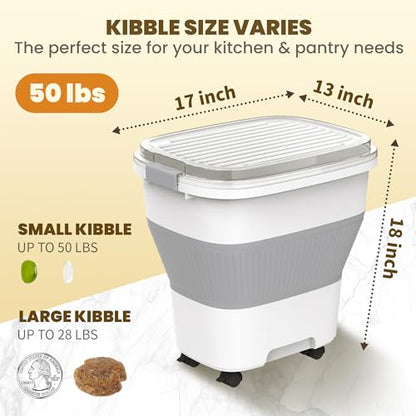 HOYTAMDAR 50Lbs Collapsible Rice Container,Airtight Food Storage container | Rice Storage Container with Clear Lid,Rolling Wheels,Small Bin & Measuring Scoop,Rice Dispenser for Pet Food Rice Flour - color: Grey 50lbs