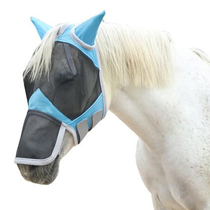 Horse Fly Mask with Ears & Long Nose, Fine Mesh Pale Blue Full - color: Pale Blue, size: Full