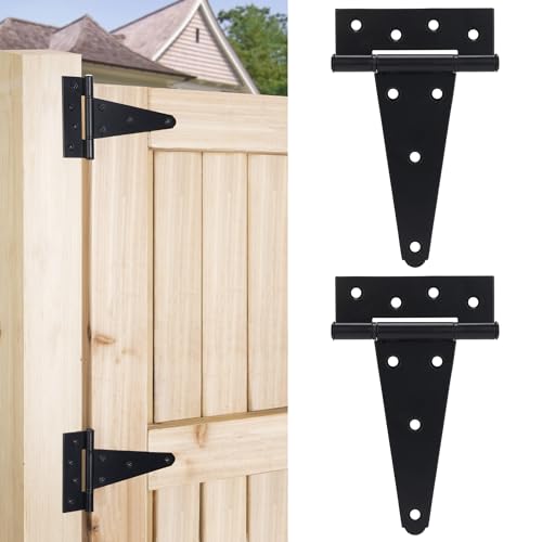 6 Inch T-Strap Gate Hinges, Heavy Duty Shed Barn Door Hinges, Black Tee Hinges for Wooden Fence, Yard Gate, Wrought Hardware Iron Rustproof (2 Pack) - size: 6 Inch