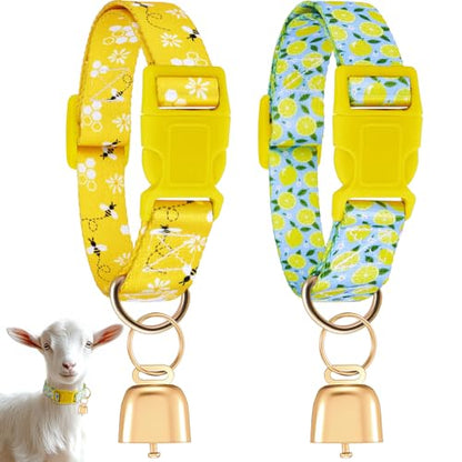 2 Pack Goat Collars with Bells, Lemon Bee Farmhouse Pattern for Pygmy Goats - style: Lemon, Bee