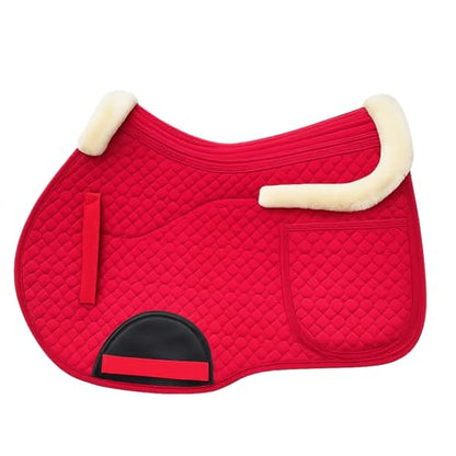 Universal English Saddle Pad with Adjustable Shims, Faux Shearling Trim, Plush Faux Wool, 3D Cooling & Non-Slip Tech. Ideal for Dressage, Jumping & Training. Machine Washable - color: Red