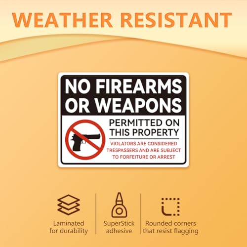 WADORN 10Pcs No Firearms Or Weapons Permitted On This Property Sign Sticker, No Weapons Allowed Sign Self-Adhesive Vinyl Decal Weapons Prohibited Sign Warning Stickers for Outdoors 7.08x5.12 Inch - style: No Firearms Or Weapons Permitted