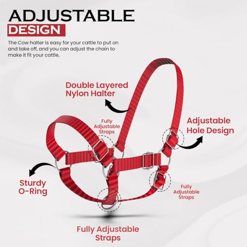 HADZAM Adjustable Nylon Cow Halter | Calf Halter one Halter for (1 Year to Full Size) Easy Adjustable Straps elimates the Need of Ill-Fitting Cattle Halter - color: RED